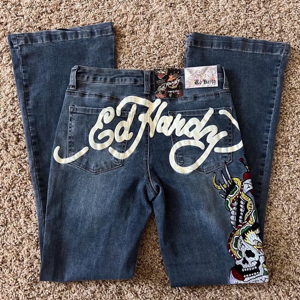 Ed Hardy women Blue Jeans with Skull Design
